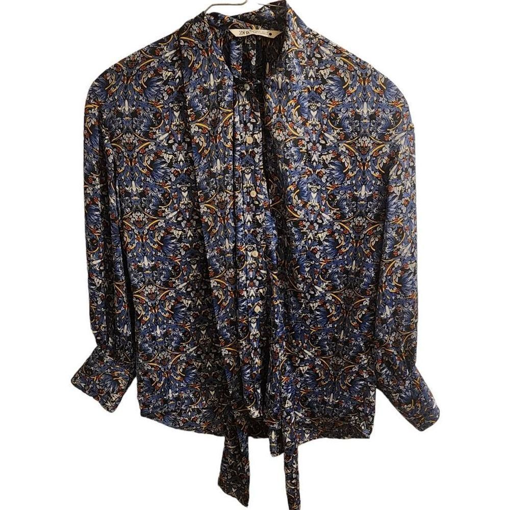 Zara Blue Printed Stunning Scarf Button Up Top Size Small EUC